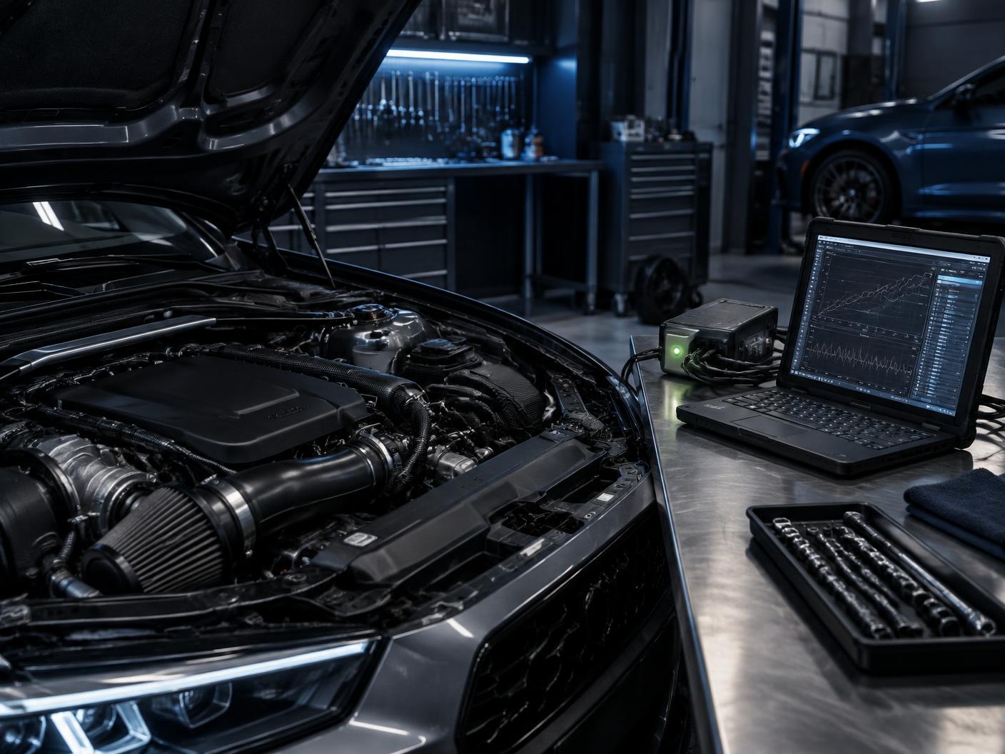 Performance engine and tuning laptop in a workshop